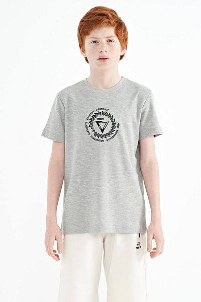 TOMMY LIFE Gray Melange Embroidery Detailed O Neck Standard Mold Boy's T-shirt - 11115