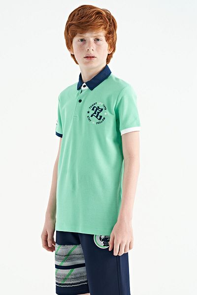 TOMMY LIFE Water Green Sleeve Chest Embroidery Detailed Standard Pattern Polo Collar Boy's T-shirt - 11086