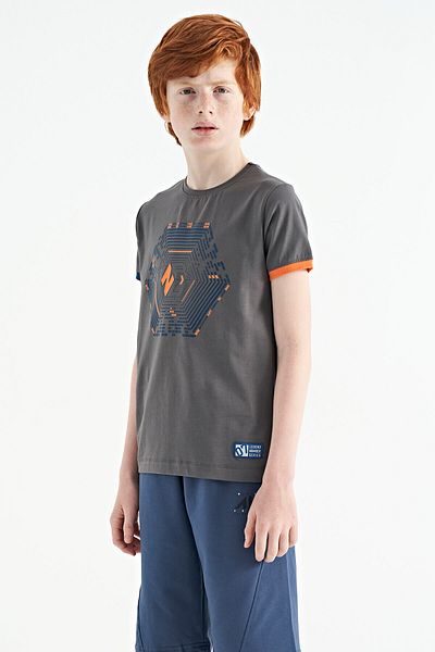 TOMMY LIFE Dark Gray Sleeve Colored Detailed Printed Standard Mold Boy's T-shirt - 11156