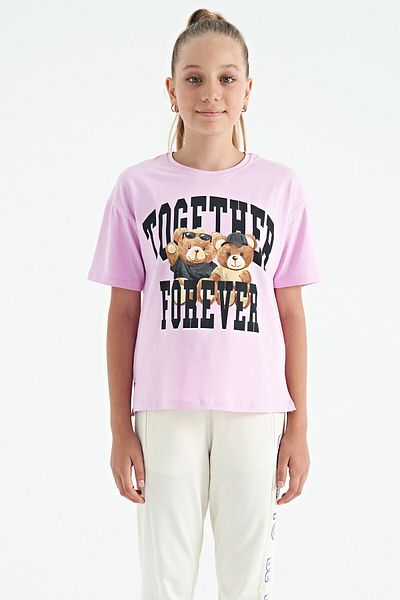 TOMMY LIFE Pink Teddy Bear Printed O Neck Oversize Short Sleeve Girls' T-Shirt - 75116