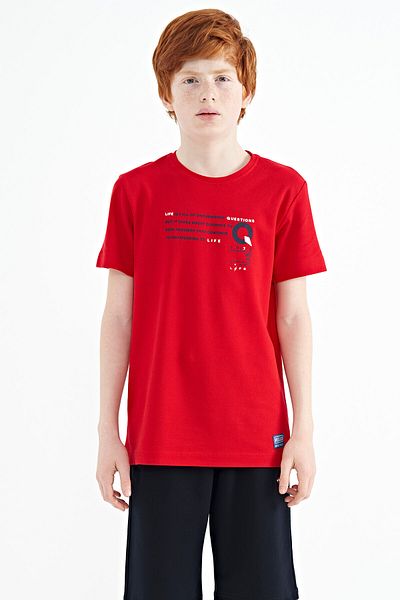 TOMMY LIFE Red Print Detailed O Neck Standard Mold Boy's T-shirt - 11145