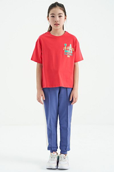 TOMMY LIFE Tricou pentru fetiță, cu mânecă scurtă supradimensionată, cu imprimeu în față și în spate, cu decolteu O - 75127