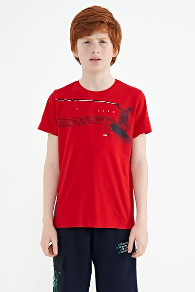 TOMMY LIFE Red Print Detailed Standard Mold O Neck Boy T-shirt - 11133