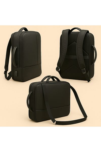 Çantacım Leather Laptop Backpack 15.6" Inch Waterproof Black with USB Apparatus