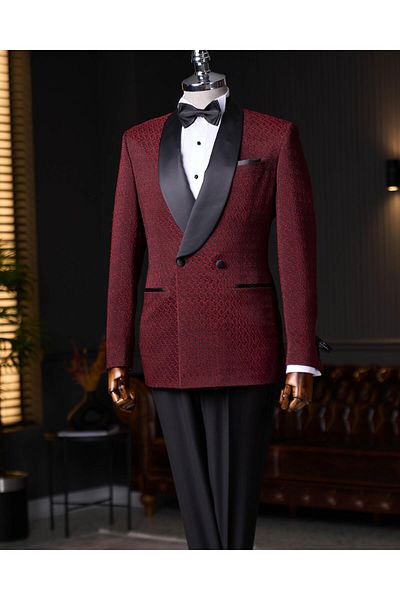 TerziAdemAltun burgundy Italian style slim fit shawl collar jacket and pants set - groom suit T12031