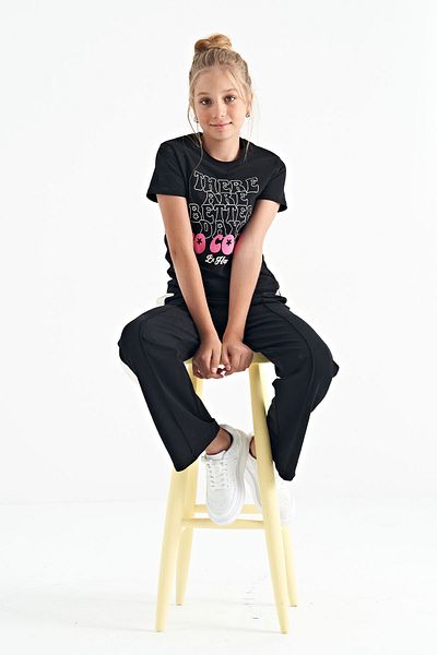 TOMMY LIFE Tricou negru pentru fetiță, cu mânecă scurtă, cu imprimeu text, cu mânecă scurtă - 75118