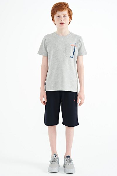 TOMMY LIFE Gray Melange Pocket Detailed O Neck Standard Fit Boy's T-shirt - 11120