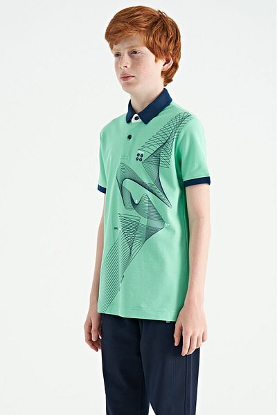 TOMMY LIFE Water Green Printed Detailed Standard Fit Polo Neck Boys' T-Shirt - 11164