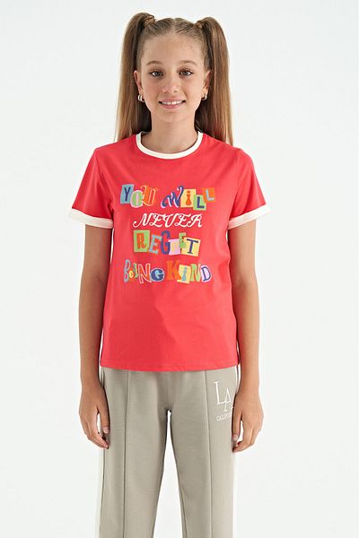 TOMMY LIFE Rose Colored Text Detailed O Neck Comfortable Form Girl's T-Shirt - 75109