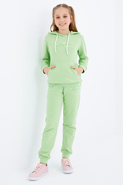 TOMMY LIFE Pistachio Green Text Embroidered Hooded Basic Comfortable Form Girl's Tracksuit - 75055