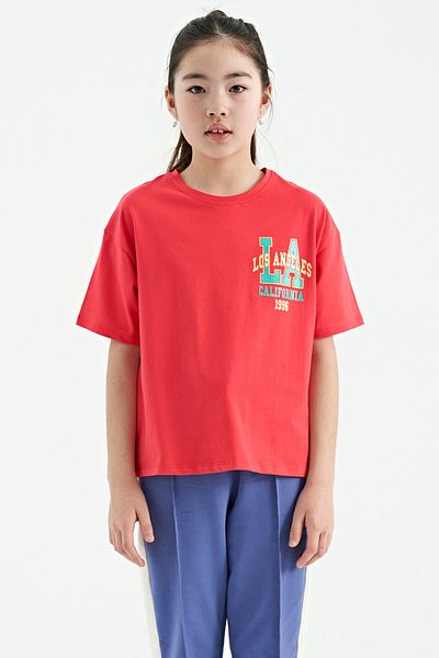 TOMMY LIFE Tricou pentru fetiță, cu mânecă scurtă supradimensionată, cu imprimeu în față și în spate, cu decolteu O - 75127