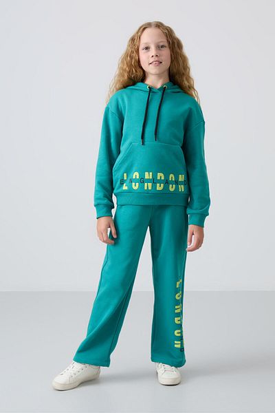 TOMMY LIFE Sea Green Cotton Furry Inside Soft Textured Oversize εμπριμέ κοριτσίστικο κοστούμι - 75147