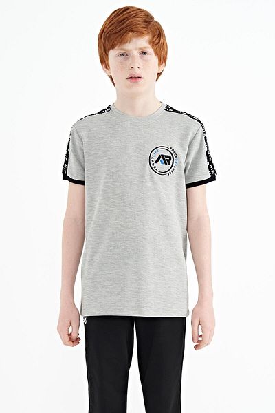 TOMMY LIFE Grey Melange Shoulder Print Detailed Standard Mold O Neck Boy T-shirt - 11121