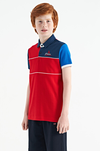 TOMMY LIFE Red Color Blocked Embroidery Writing Detailed Standard Mold Polo Collar Boy T-shirt - 11109