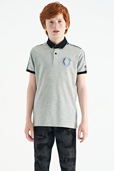 TOMMY LIFE Grey Melange Print Detailed Pola Collar Standard Mold Boy T-shirt - 11166