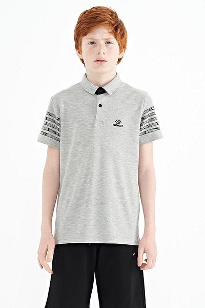 TOMMY LIFE Тениска за момче с поло яка и щампа в сиво и меланж - 11093