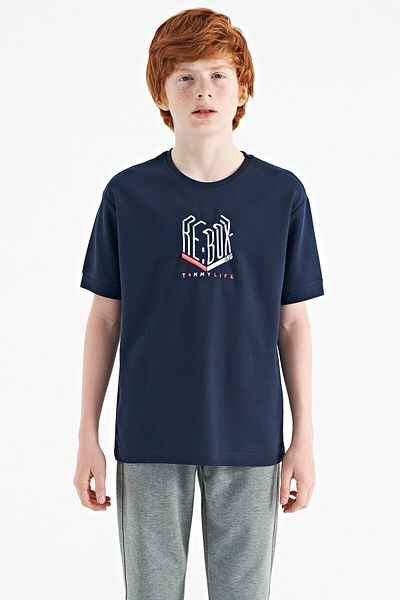 TOMMY LIFE Boy's O-Neck Embroidered Indigo T-shirt - Oversize, 11151