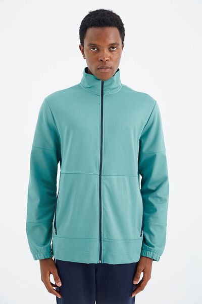 TOMMY LIFE Sea Green High Collar Men's Sweatshirt with Zipper Pocket Detail - 88273