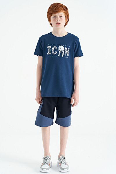 TOMMY LIFE Indigo μπροστινό μπλουζάκι με κεντημένο O-neck Standard Mold Boy - 11118