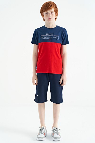 TOMMY LIFE Red Letter Printed Color Block Standard Mold O Neck Boy T-shirt - 11134