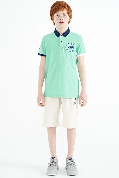TOMMY LIFE Water Green Sleeve End Colored Logo Embroidered Standard Mold Polo Collar Boys' T-shirt - 11138
