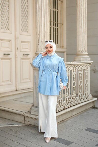 LOCCO Pleat Detail Hidden Front Buttoned Shirt Light Blue