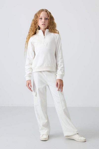 TOMMY LIFE Embroidered Ecru Girl's Tracksuit Set - Soft Textured, Furry Inside, Standard Fit - 75159