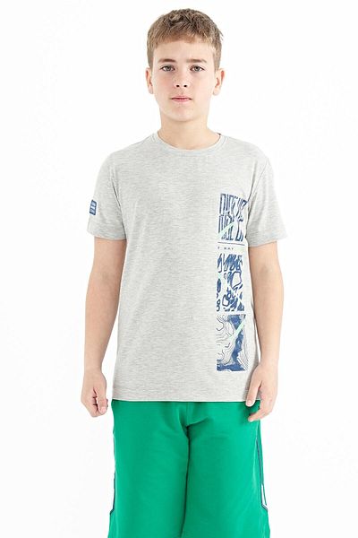 TOMMY LIFE Gray Melange Print Detailed O Neck Standard Mold Boy's T-shirt - 11104