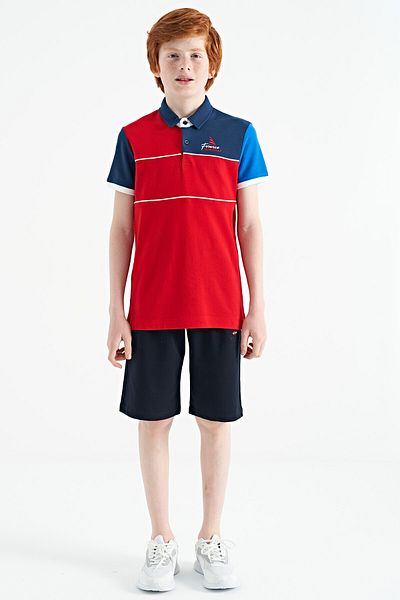 TOMMY LIFE Red Color Blocked Embroidery Writing Detailed Standard Mold Polo Collar Boy T-shirt - 11109