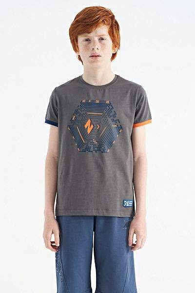 TOMMY LIFE Dark Gray Sleeve Colored Detailed Printed Standard Mold Boy's T-shirt - 11156