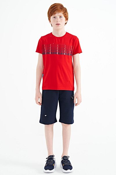 TOMMY LIFE Red Text Printed O Neck Standard Mold Boy's T-shirt - 11149