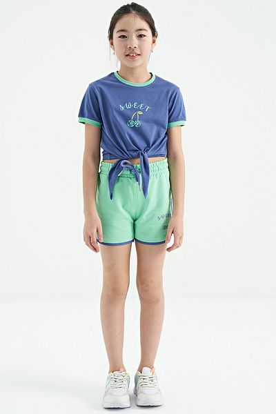 TOMMY LIFE Set pantaloni scurți pentru fete cu imprimeu verde apă - Potrivire confortabilă, detaliat cu noduri - Violet deschis 75132