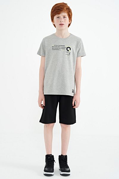 TOMMY LIFE Gray Melange Print Detailed O Neck Standard Mold Boy's T-shirt - 11145