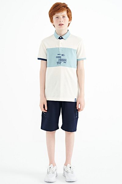 TOMMY LIFE Ecru Color Gradient Embroidery Detailed Standard Pattern Polo Neck Boy's T-shirt - 11110