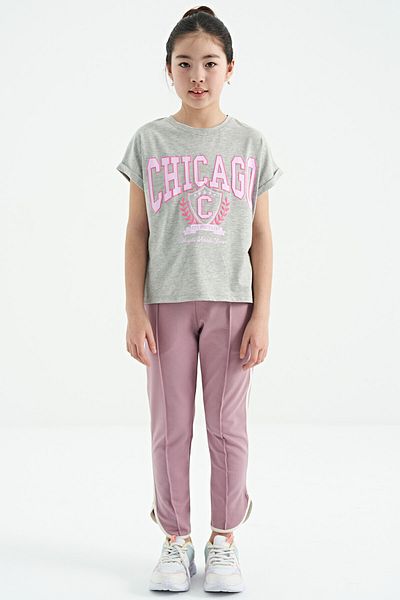 TOMMY LIFE Gray Melange O Neck Drop Shoulder Comfortable Form Short Sleeve Girl's T-shirt - 75128