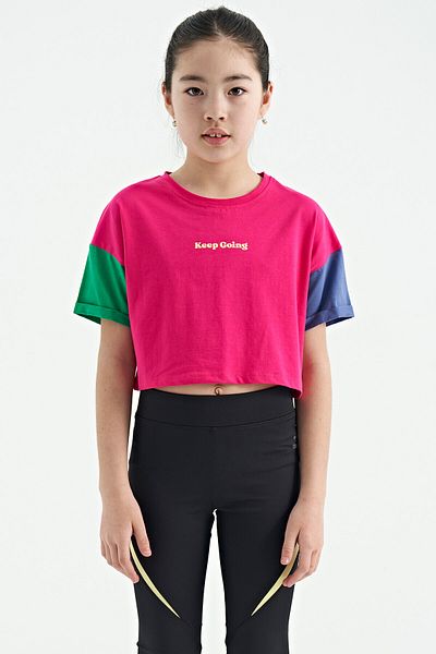 TOMMY LIFE Fuchsia Text Printed O Neck Low Shoulder Oversize Girl's T-shirt - 75130