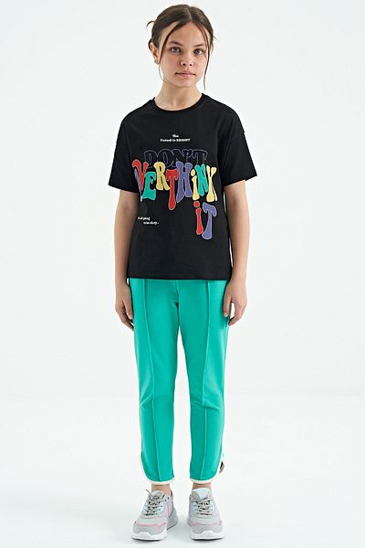 TOMMY LIFE Tricou pentru fetiță, cu mânecă scurtă supradimensionată, cu imprimeu text negru, cu decolteu O, - 75112
