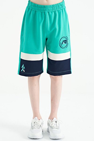 TOMMY LIFE Sea Green Colorful Printed Lace-up Embroidery Detailed Standard Mold Boy Shorts - 11129