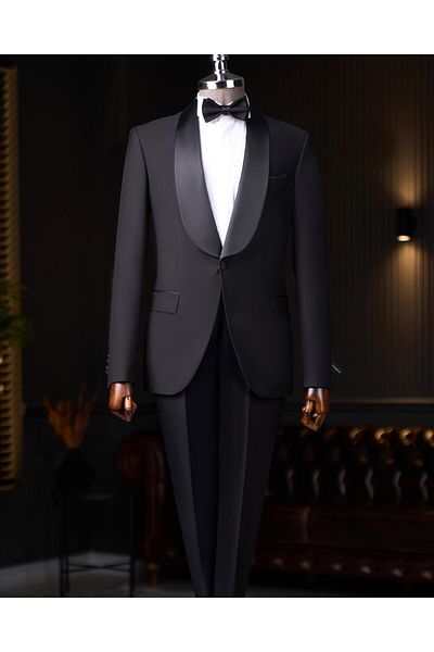 TerziAdemAltun Italian Cut Slim Fit Shawl Collar Jacket Trousers Groom Suit Set Black T9184