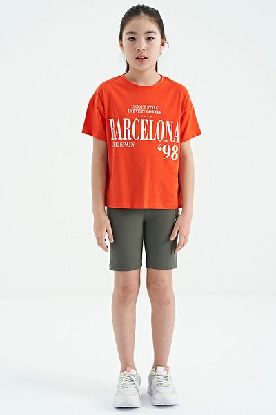 TOMMY LIFE Tricou portocaliu pentru fetiță, cu umăr dezactivat, text cu decolteu, supradimensionat - 75115