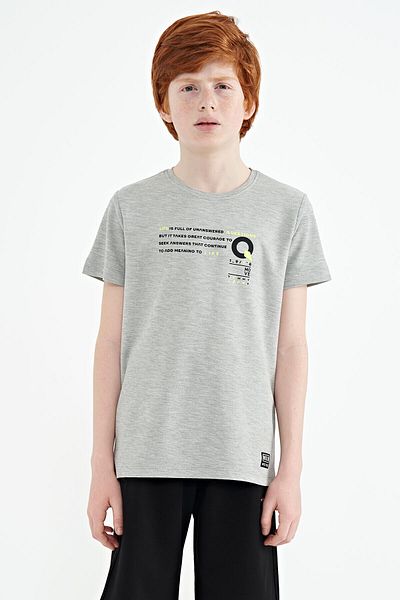 TOMMY LIFE Gray Melange Print Detailed O Neck Standard Mold Boy's T-shirt - 11145