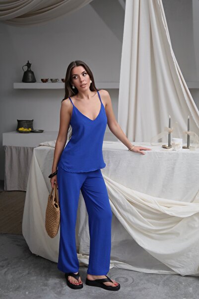 Paw Garage Γυναικείο Σετ Shay μπλε κοβαλτίου Ayrobin με κορδόνια μπλούζα και φαρδύ παντελόνι, Καλοκαιρινή νέα σεζόν