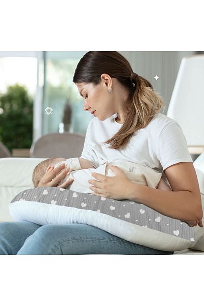 HALZEY Double Sided Breastfeeding Pillow / Baby Support Cushion, Pregnancy Pillow, Cotton Fabric, Gray Heart Pattern