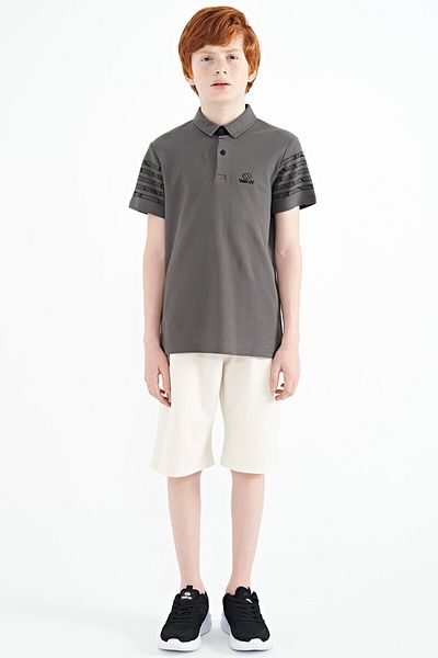 TOMMY LIFE Dark Gray Sleeve Print Detailed Standard Mold Polo Collar Boy T-shirt - 11093