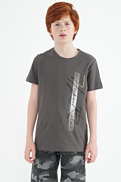 TOMMY LIFE Dark Gray Printed O-neck Standard Mold Boy T-shirt - 11119