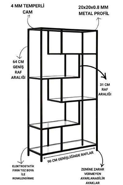 TOLIAHOME Modern 6 Raflı Siyah Renk Metal İskeletli Cam Raflı Aksesuar Rafı Kitaplık