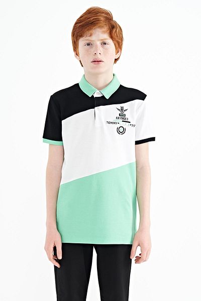 TOMMY LIFE Water Green Color Blocked Embroidery Detailed Standard Pattern Polo Neck Boys' T-shirt - 11088