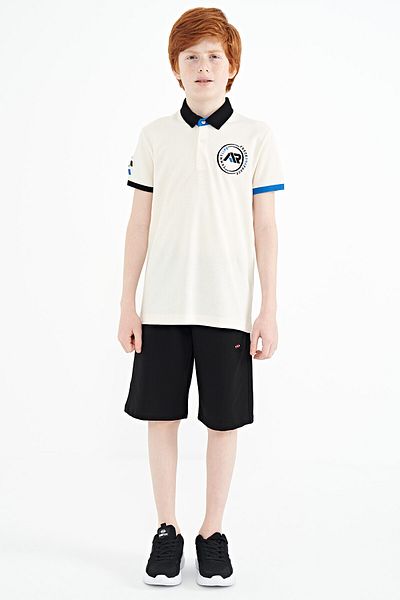 TOMMY LIFE Ecru Colored Logo Embroidered Sleeve End Standard Mold Polo Collar Boy's T-shirt - 11138