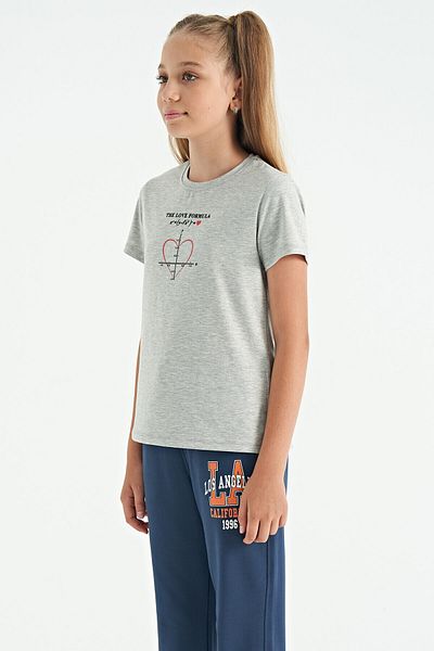 TOMMY LIFE Gray Melange O-neck Printed Detailed Comfortable Fit Girls' T-Shirt - 75129