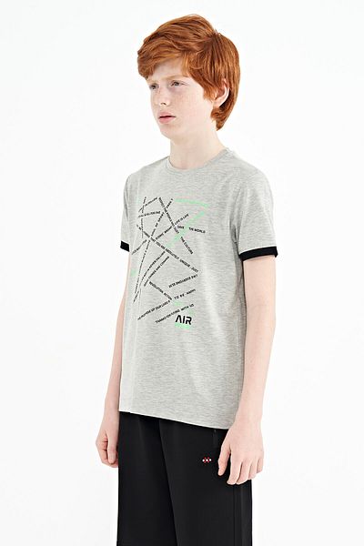 TOMMY LIFE Gray Melange Minimal Text Printed Standard Fit O Neck Boy's T-shirt - 11132
